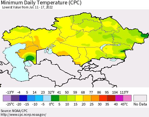 Kazakhstan Minimum Daily Temperature (CPC) Thematic Map For 7/11/2022 - 7/17/2022