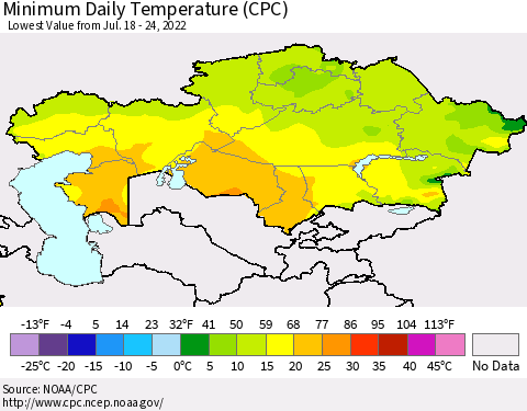 Kazakhstan Minimum Daily Temperature (CPC) Thematic Map For 7/18/2022 - 7/24/2022