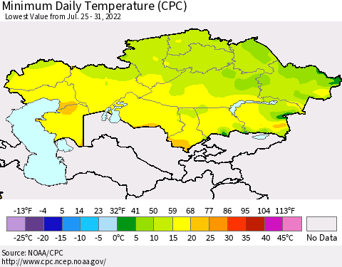 Kazakhstan Minimum Daily Temperature (CPC) Thematic Map For 7/25/2022 - 7/31/2022