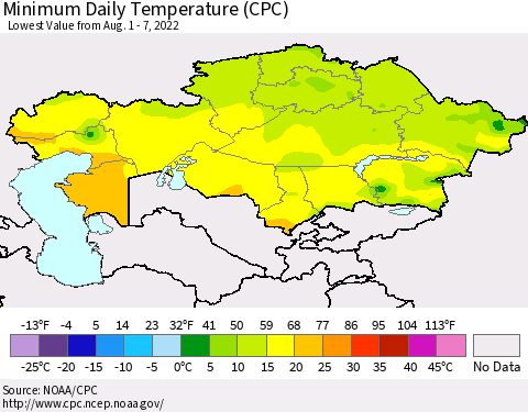 Kazakhstan Minimum Daily Temperature (CPC) Thematic Map For 8/1/2022 - 8/7/2022