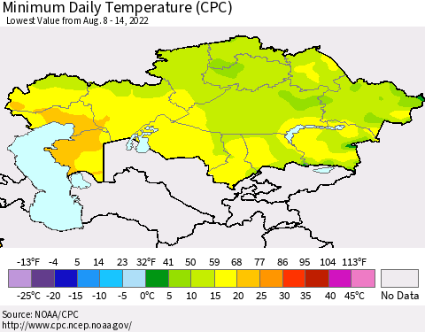 Kazakhstan Minimum Daily Temperature (CPC) Thematic Map For 8/8/2022 - 8/14/2022