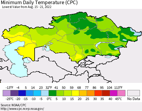 Kazakhstan Minimum Daily Temperature (CPC) Thematic Map For 8/15/2022 - 8/21/2022