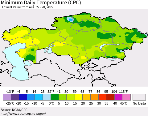 Kazakhstan Minimum Daily Temperature (CPC) Thematic Map For 8/22/2022 - 8/28/2022