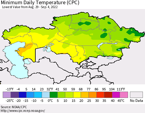 Kazakhstan Minimum Daily Temperature (CPC) Thematic Map For 8/29/2022 - 9/4/2022