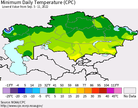 Kazakhstan Minimum Daily Temperature (CPC) Thematic Map For 9/5/2022 - 9/11/2022