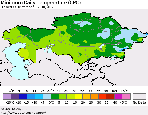 Kazakhstan Minimum Daily Temperature (CPC) Thematic Map For 9/12/2022 - 9/18/2022