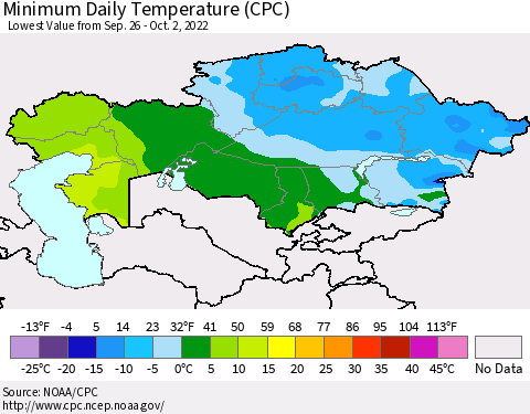 Kazakhstan Minimum Daily Temperature (CPC) Thematic Map For 9/26/2022 - 10/2/2022