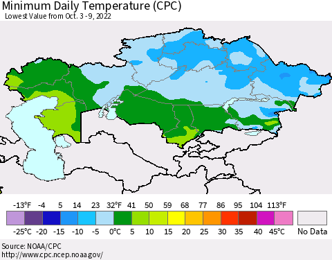Kazakhstan Minimum Daily Temperature (CPC) Thematic Map For 10/3/2022 - 10/9/2022