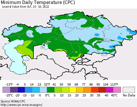 Kazakhstan Minimum Daily Temperature (CPC) Thematic Map For 10/10/2022 - 10/16/2022