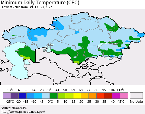 Kazakhstan Minimum Daily Temperature (CPC) Thematic Map For 10/17/2022 - 10/23/2022