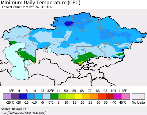 Kazakhstan Minimum Daily Temperature (CPC) Thematic Map For 10/24/2022 - 10/30/2022