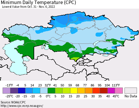 Kazakhstan Minimum Daily Temperature (CPC) Thematic Map For 10/31/2022 - 11/6/2022