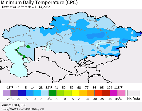 Kazakhstan Minimum Daily Temperature (CPC) Thematic Map For 11/7/2022 - 11/13/2022