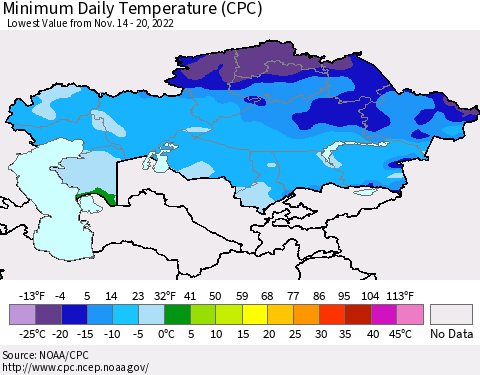 Kazakhstan Minimum Daily Temperature (CPC) Thematic Map For 11/14/2022 - 11/20/2022