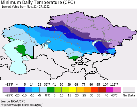 Kazakhstan Minimum Daily Temperature (CPC) Thematic Map For 11/21/2022 - 11/27/2022