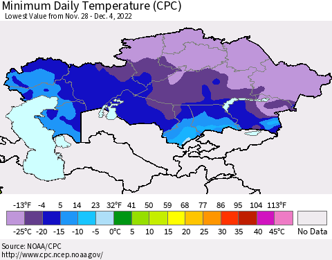 Kazakhstan Minimum Daily Temperature (CPC) Thematic Map For 11/28/2022 - 12/4/2022