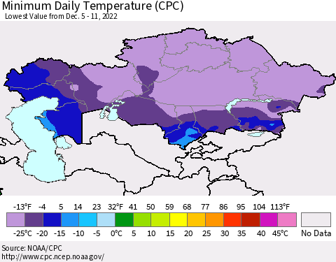 Kazakhstan Minimum Daily Temperature (CPC) Thematic Map For 12/5/2022 - 12/11/2022