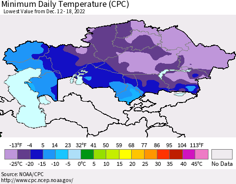 Kazakhstan Minimum Daily Temperature (CPC) Thematic Map For 12/12/2022 - 12/18/2022