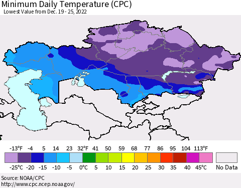 Kazakhstan Minimum Daily Temperature (CPC) Thematic Map For 12/19/2022 - 12/25/2022