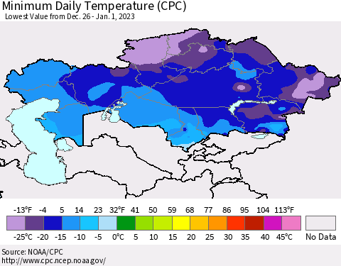 Kazakhstan Minimum Daily Temperature (CPC) Thematic Map For 12/26/2022 - 1/1/2023