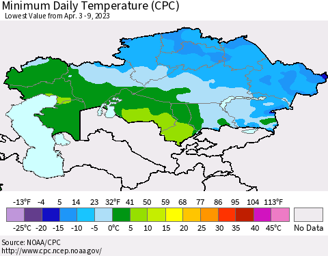 Kazakhstan Minimum Daily Temperature (CPC) Thematic Map For 4/3/2023 - 4/9/2023