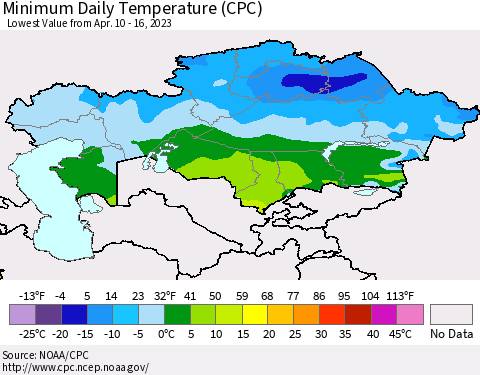 Kazakhstan Minimum Daily Temperature (CPC) Thematic Map For 4/10/2023 - 4/16/2023