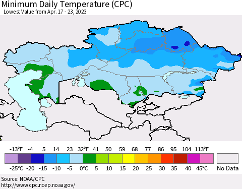 Kazakhstan Minimum Daily Temperature (CPC) Thematic Map For 4/17/2023 - 4/23/2023