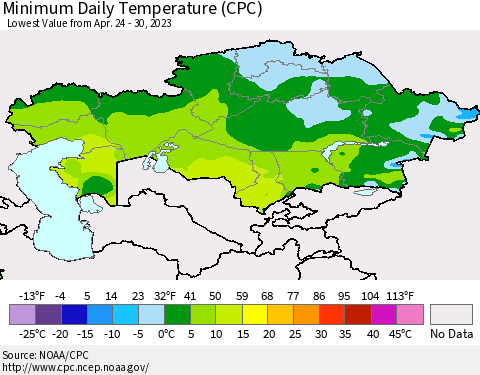 Kazakhstan Minimum Daily Temperature (CPC) Thematic Map For 4/24/2023 - 4/30/2023