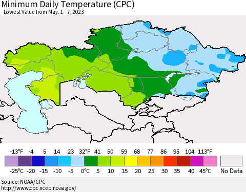 Kazakhstan Minimum Daily Temperature (CPC) Thematic Map For 5/1/2023 - 5/7/2023