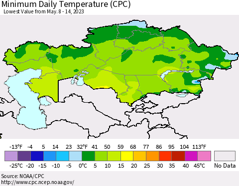 Kazakhstan Minimum Daily Temperature (CPC) Thematic Map For 5/8/2023 - 5/14/2023