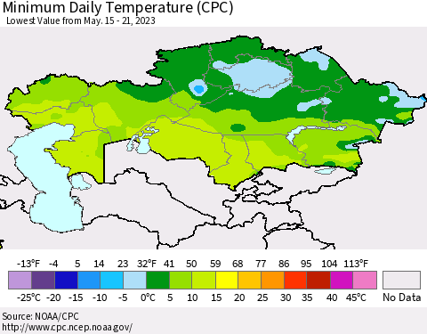 Kazakhstan Minimum Daily Temperature (CPC) Thematic Map For 5/15/2023 - 5/21/2023