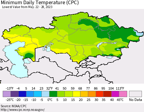 Kazakhstan Minimum Daily Temperature (CPC) Thematic Map For 5/22/2023 - 5/28/2023
