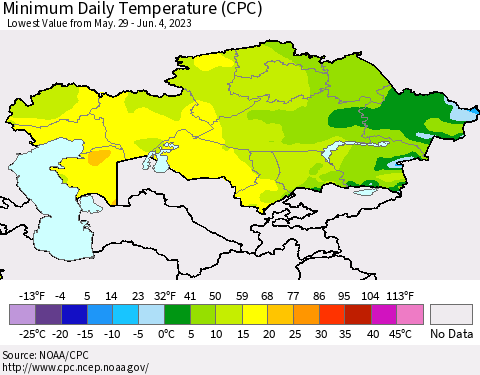 Kazakhstan Minimum Daily Temperature (CPC) Thematic Map For 5/29/2023 - 6/4/2023
