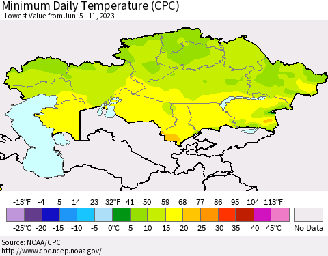 Kazakhstan Minimum Daily Temperature (CPC) Thematic Map For 6/5/2023 - 6/11/2023