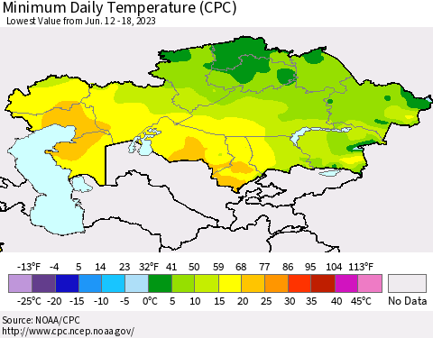 Kazakhstan Minimum Daily Temperature (CPC) Thematic Map For 6/12/2023 - 6/18/2023