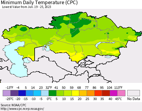 Kazakhstan Minimum Daily Temperature (CPC) Thematic Map For 6/19/2023 - 6/25/2023