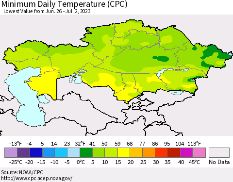 Kazakhstan Minimum Daily Temperature (CPC) Thematic Map For 6/26/2023 - 7/2/2023