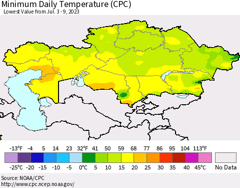 Kazakhstan Minimum Daily Temperature (CPC) Thematic Map For 7/3/2023 - 7/9/2023