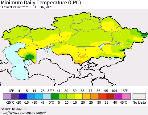 Kazakhstan Minimum Daily Temperature (CPC) Thematic Map For 7/10/2023 - 7/16/2023