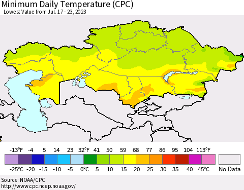 Kazakhstan Minimum Daily Temperature (CPC) Thematic Map For 7/17/2023 - 7/23/2023