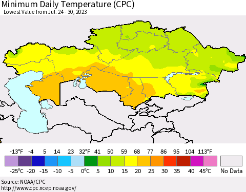 Kazakhstan Minimum Daily Temperature (CPC) Thematic Map For 7/24/2023 - 7/30/2023