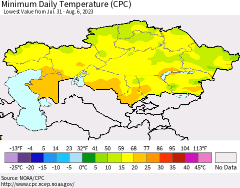 Kazakhstan Minimum Daily Temperature (CPC) Thematic Map For 7/31/2023 - 8/6/2023