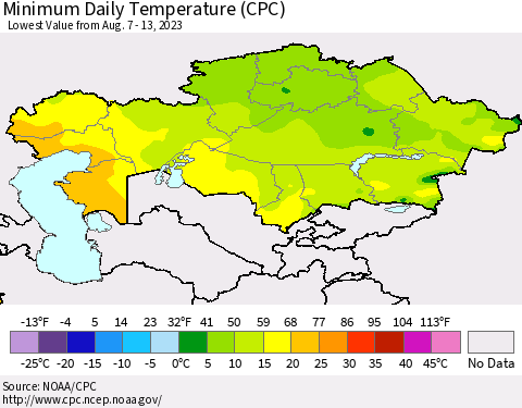 Kazakhstan Minimum Daily Temperature (CPC) Thematic Map For 8/7/2023 - 8/13/2023