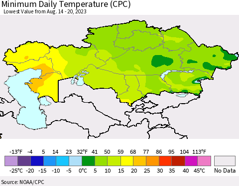 Kazakhstan Minimum Daily Temperature (CPC) Thematic Map For 8/14/2023 - 8/20/2023