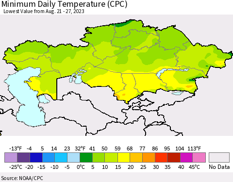 Kazakhstan Minimum Daily Temperature (CPC) Thematic Map For 8/21/2023 - 8/27/2023