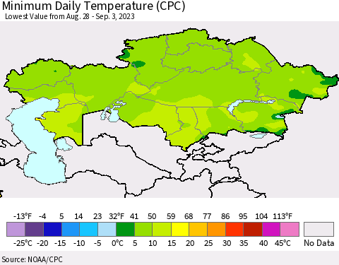 Kazakhstan Minimum Daily Temperature (CPC) Thematic Map For 8/28/2023 - 9/3/2023