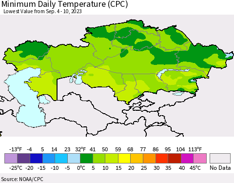 Kazakhstan Minimum Daily Temperature (CPC) Thematic Map For 9/4/2023 - 9/10/2023