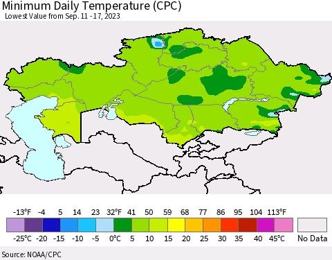 Kazakhstan Minimum Daily Temperature (CPC) Thematic Map For 9/11/2023 - 9/17/2023