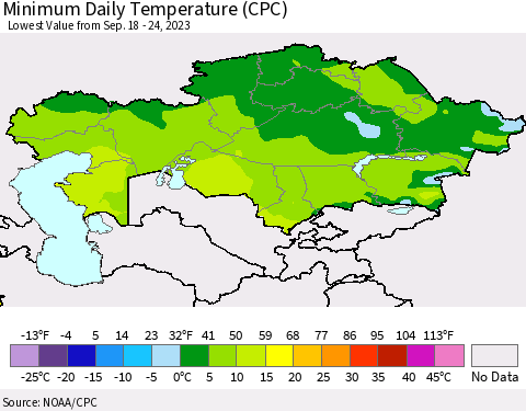 Kazakhstan Minimum Daily Temperature (CPC) Thematic Map For 9/18/2023 - 9/24/2023