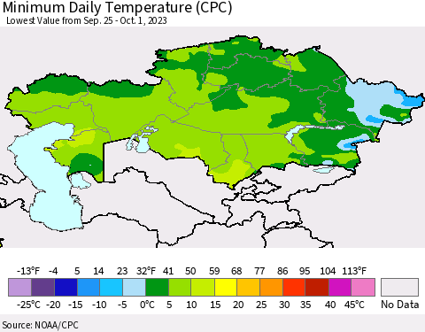 Kazakhstan Minimum Daily Temperature (CPC) Thematic Map For 9/25/2023 - 10/1/2023